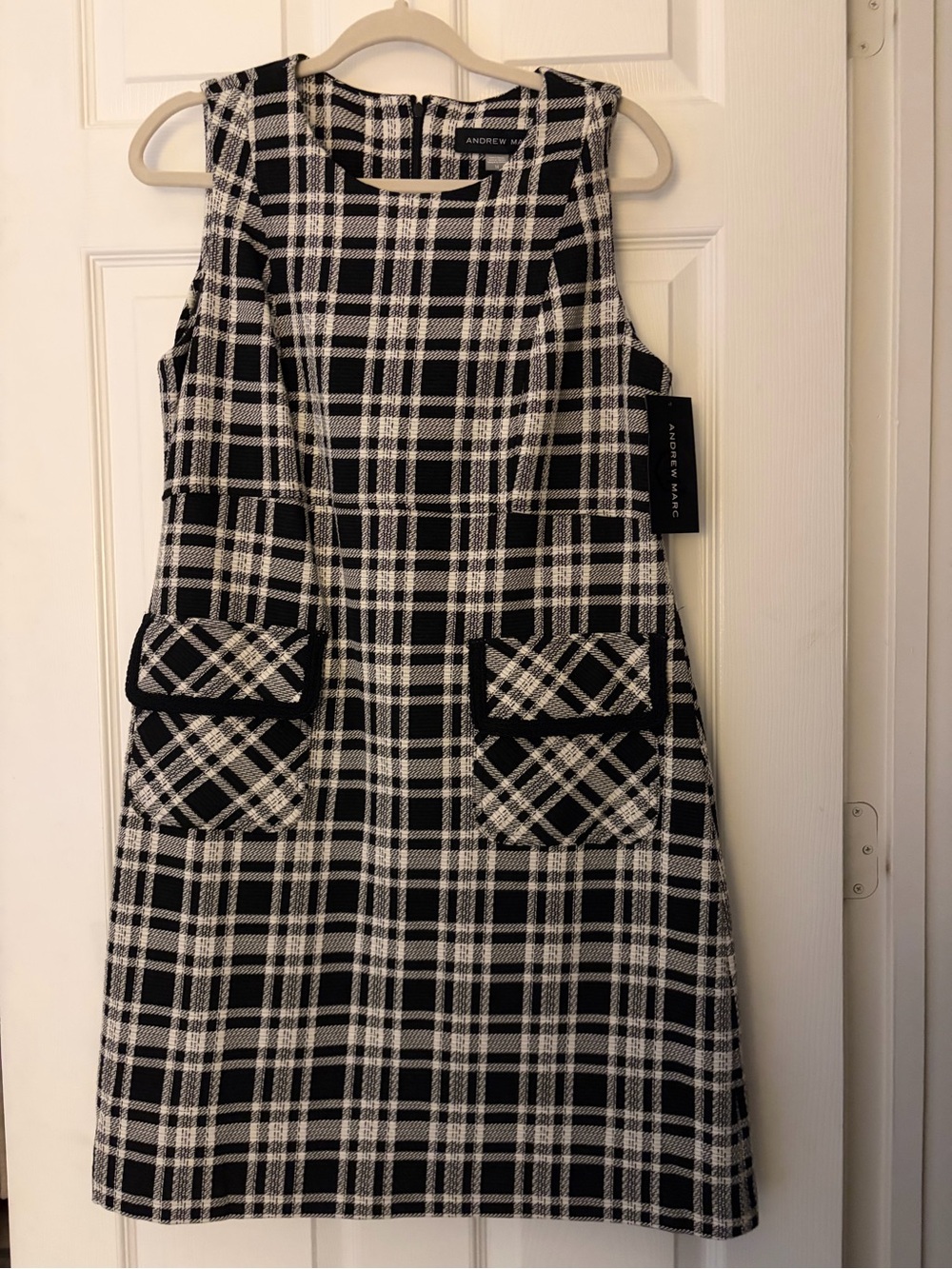 Andrew Marc Black and White Plaid Sleeveless A-Line Dress